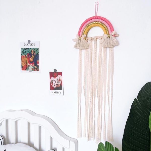 

decorative objects & figurines hand-woven wall hanging rainbow ribbons children hairpins storage ins pink room decor aesthetic