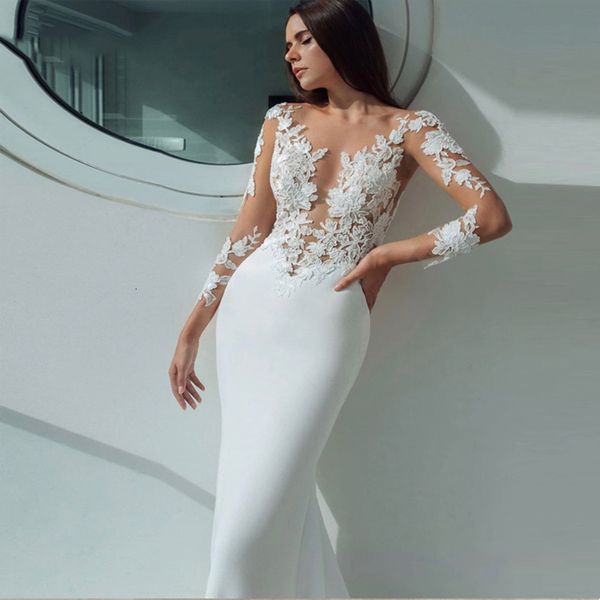 

new elegant ivory wedding es 2021 illusion scoop neck lace appliques long sleeve stain bridal gown vestido de noiva hhaz, White