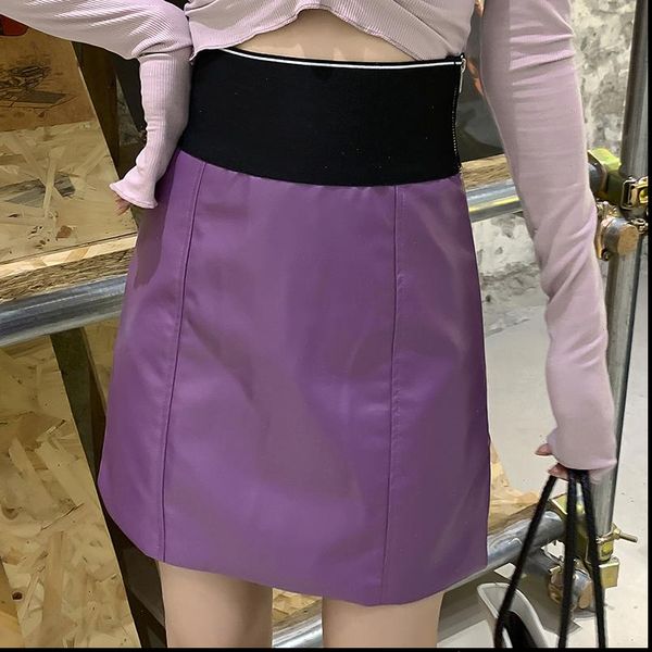 

letter high waist pu leather skirts women sash zipper pencil mini skirt 2021 spring streetwear red purple skirts short, Black