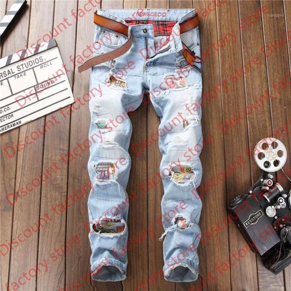 

2019 autumn winter men's patchwork ripped embroidered stretch jeans trendy holes straight denim trouers1, Blue