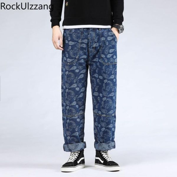 

high waist loose straight denim pant japanese streetwear bandana jeans men plus size hip hop casual vintage fashion clothing, Blue