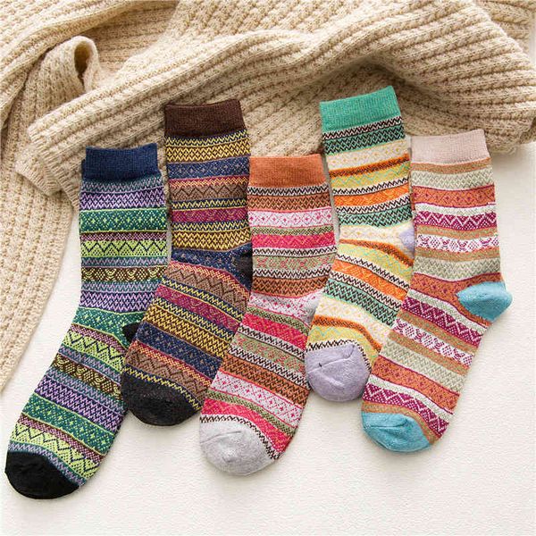 

socks autumn and winter women's wool national style totem striped flower, Black;white