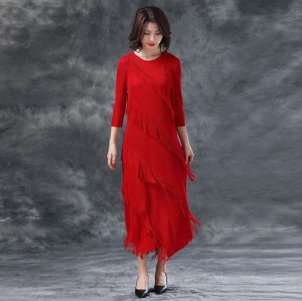 

casual dresses women tassel slim midi dress miyak pleated summer three quarters sleeve solid color round neck irregular female, Black;gray