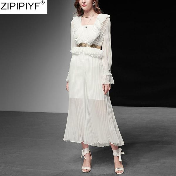 

two piece dress 2021 v-neck women spring summer elegant long sleeve ruffle flare party vestidos + strap suit sets, White