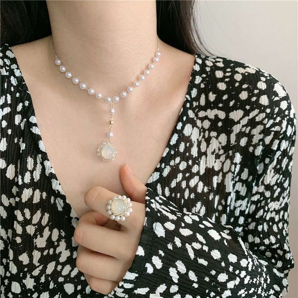 

hbp fashion ins simple fairy geometric crystal beaded necklace women's short neck tassel clavicle chain temperament pearl ring, Silver