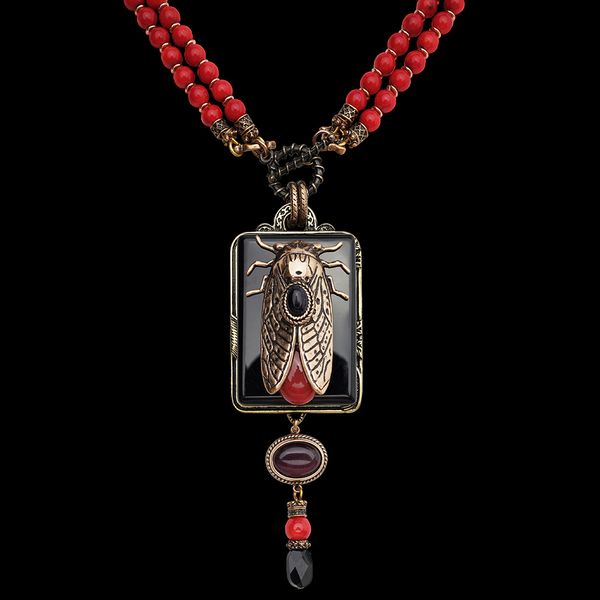 

amorita boutique vintage design cicada keratoisis natural red sea bamboo beads agate necklace, Silver