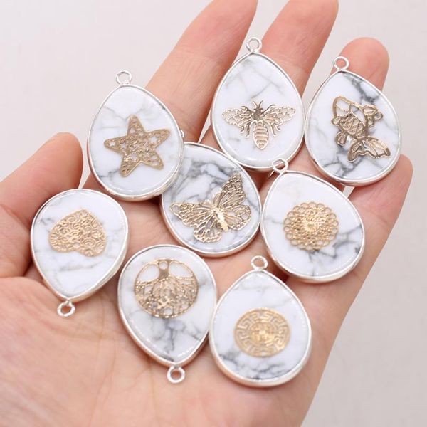

charms natural semi-precious stone pendant water droplets shape silver plated edge white turquoise for jewelry making necklaces gift, Bronze;silver