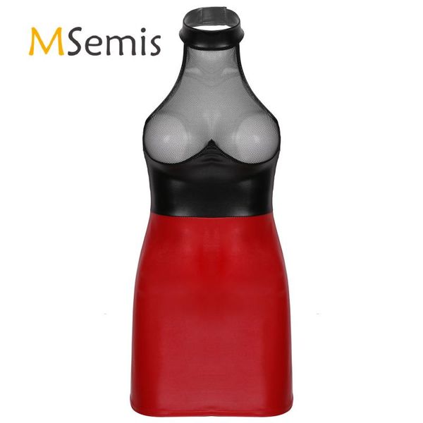 

one-piece suits women see-through mesh patchwork faux leather dress halter neck backless dresses for lingerie party club stage performance