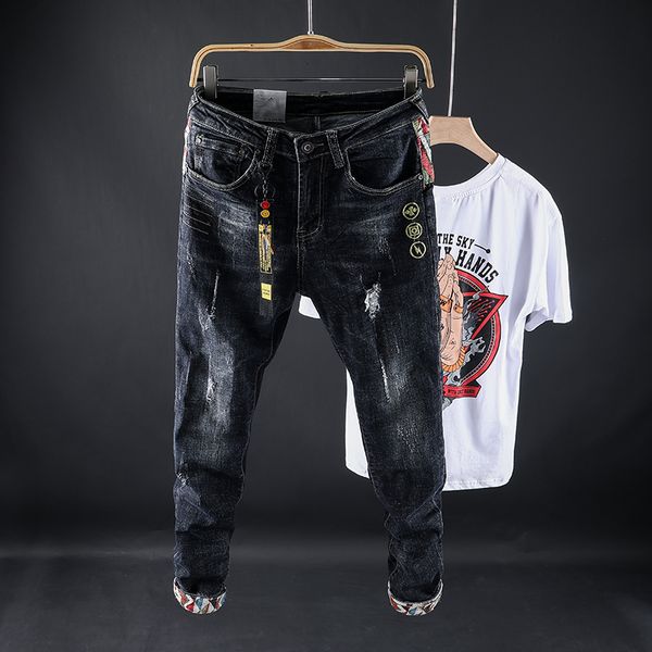 

2021 new fashion streetwear men jeans elastic slim fit embroidery designer denim pants japanese style patchwork trousers yahv, Blue