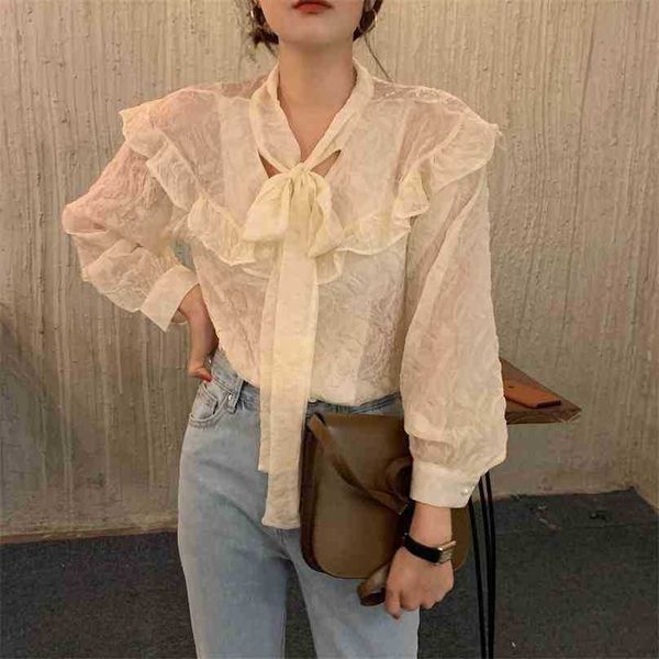 

apricot chic pleated solid ruffles gentle elegance female all match office lady shirts 210525, White