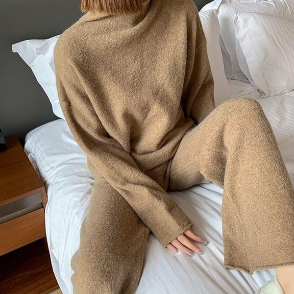 

women's two piece pants autumn and winter turtleneck loose pullover sweater + casual wide-leg trousers knitted two-piece suit, White