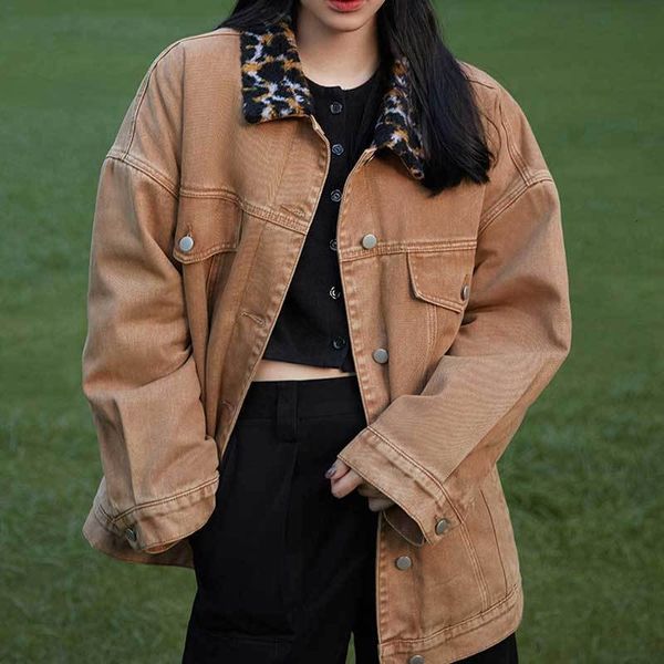 

boho inspired khaki denim long sleeve casual women leopard collar autumn winter coat new jean jacket 201013, Black;brown