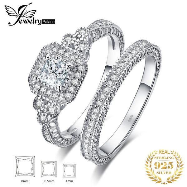

cluster rings jpalace princess vintage engagement ring set 925 sterling silver for women wedding bridal sets jewelry, Golden;silver