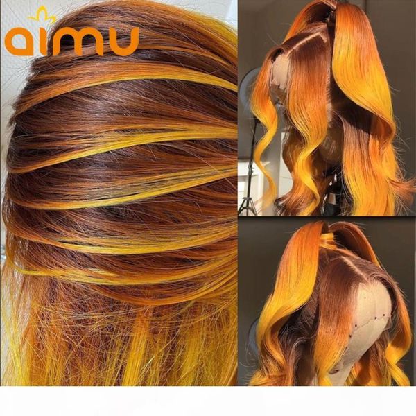 

highlight ginger 13x6 closure lace front wigs ombre orange hd lace frontal human hair wigs pre plucked baby hair wig for women, Black;brown