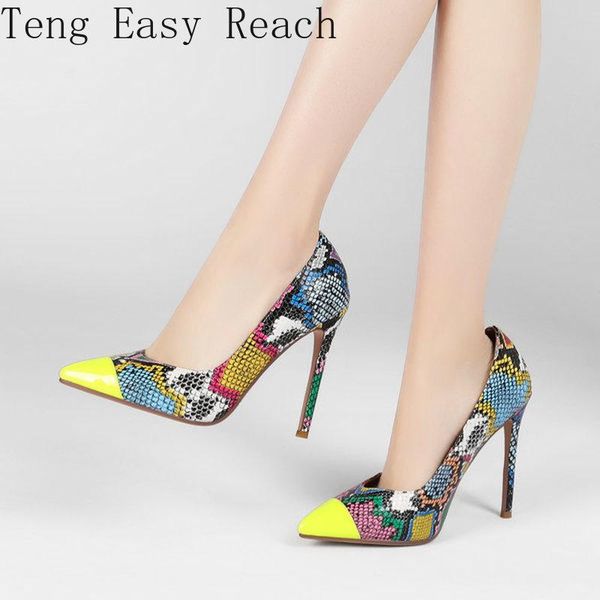

dress shoes fashion 12cm high heels pumps woman green yellow snake print women's party office female large size 43, Black