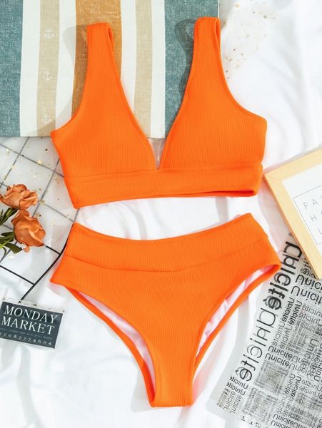 

rib v neck high waisted bikini swimsuit b5fb#, White;black
