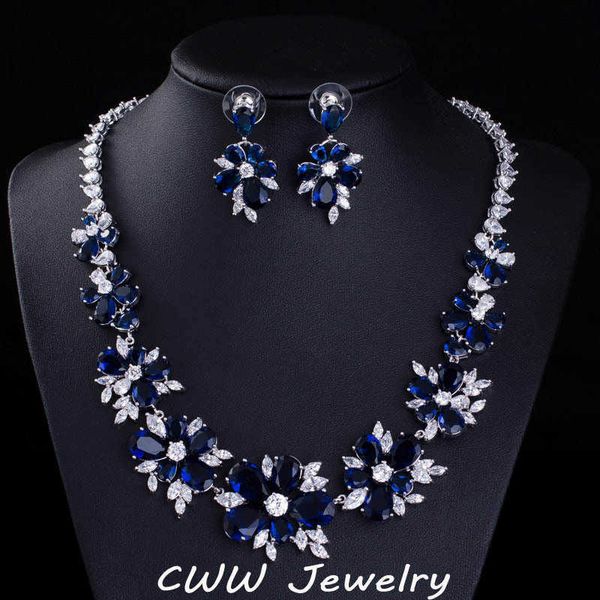 

cwwzircons blue cz bridal jewelry big cubic zirconia stone flower wedding choker necklace earrings sets for women t153 h1022, Silver