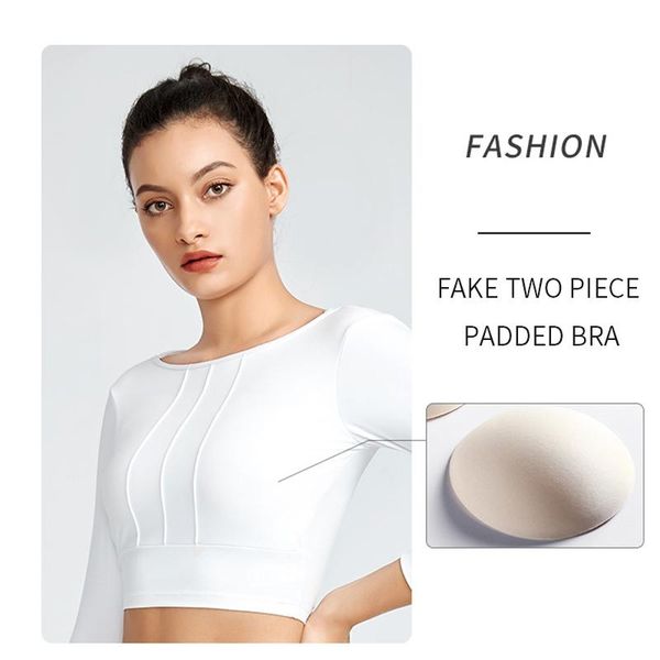 

yoga outfits fake two pieces sport women long sleeve crop padded bra solid backless gym wear fitness workout t-shirts, White;red