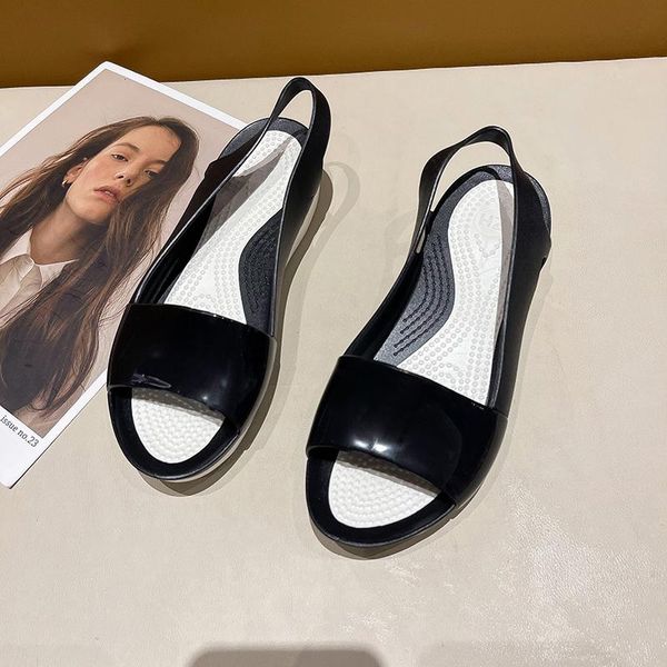 

sandals 2021 women's summer colorful jelly shoes woman casual beach flat peep toe non-slip plastic slipper, Black