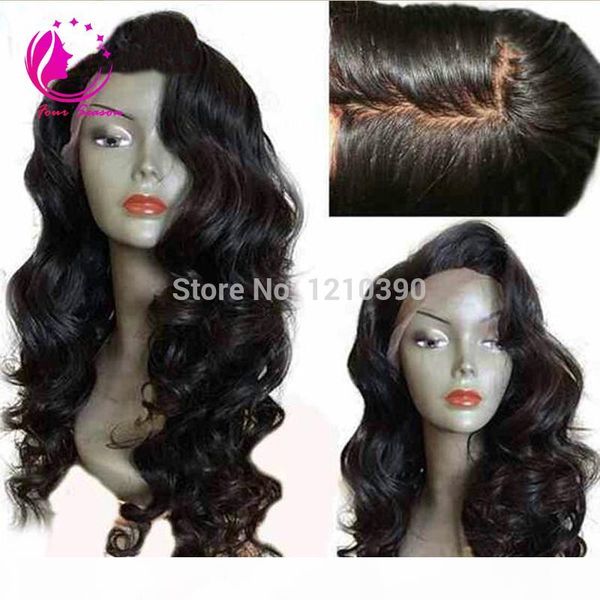 

grade unprocessed lace front human hair wigs body wave brazilian virgin hair wavy wig with bangs for black women baby hair, Black;brown