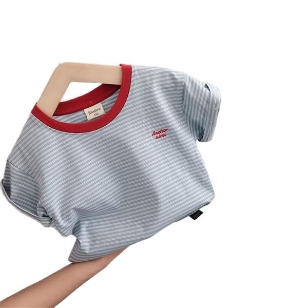 

children's summer clothes t-shirt children's navy style boys and girls striped short-sleeved cotton p4223 210622, Blue