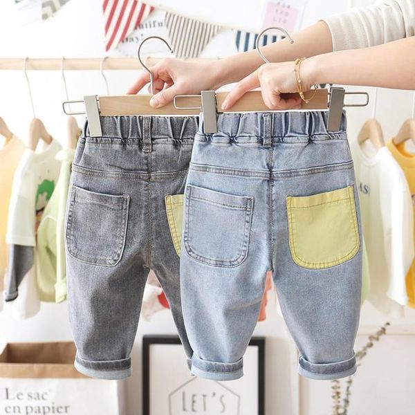 

autumn spring baby boys yellow button big pocket jeans pants kids clothes casual children trousers denim boys clothes 2-6 year, Blue
