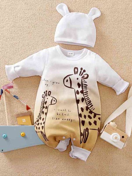 

baby slogan & giraffe print jumpsuit with hat she, Blue