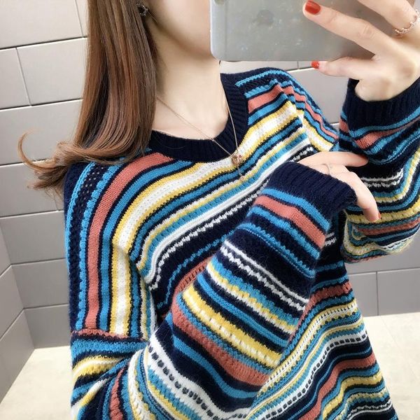 

women's sweaters room 154434, side row no.4 down] actual po of round neck stripe pullover 48, White;black