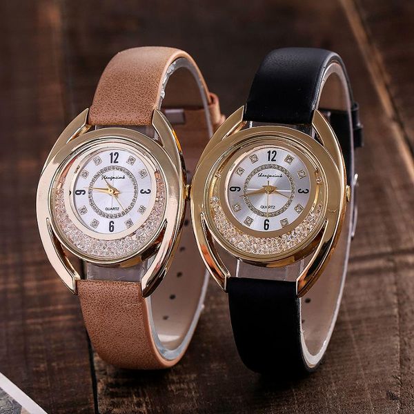 

wristwatches drop women moving diamond wrist watch fashion luxury leather clock female quartz relogio feminino, Slivery;brown