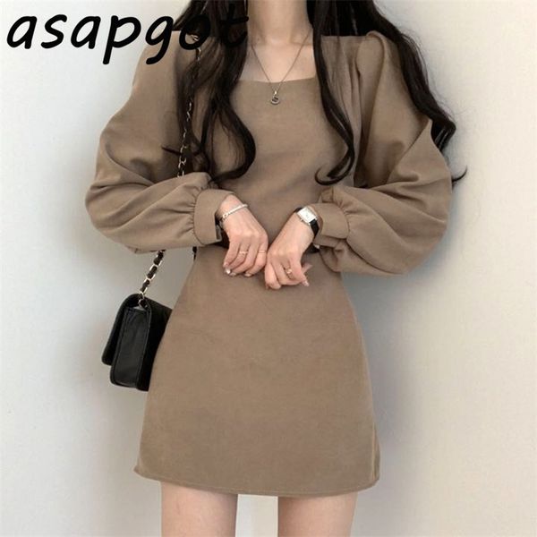 

vintage chic autumn temperament slim square neck puff sleeve dress short casual full wild korean fashion vestido de mujer 210309, Black;gray