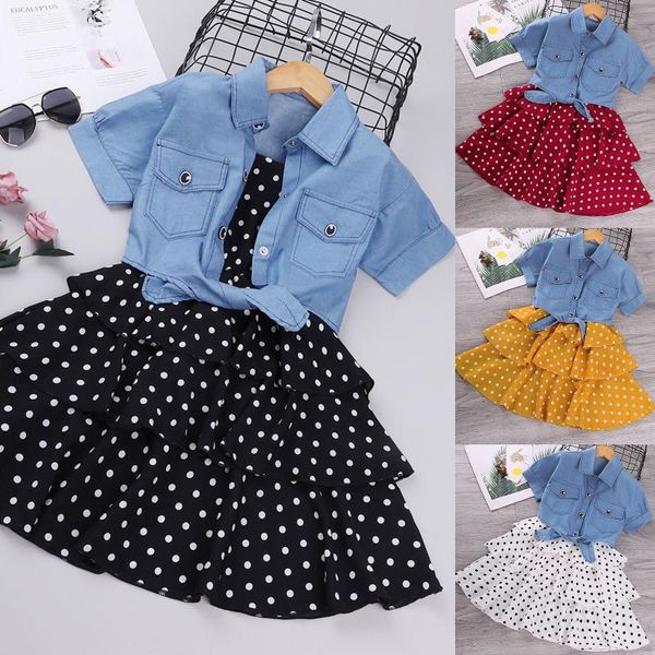 

girl's dresses autumn baby girl clothes set suit toddler kids girls denim jacket polka dot slip layered dress outfits clothing, Red;yellow