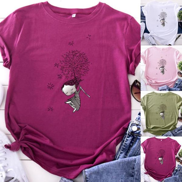 

women's t-shirt plus size s-5xl dandelion flying a girl print tshirt women cotton o neck short sleeve summer tee casual shirts, White