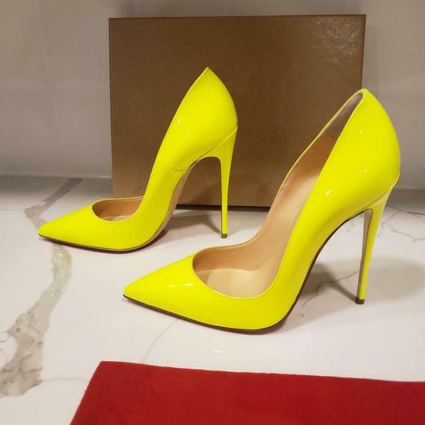 Moda Donna Scarpe Casual Designer neon giallo Pelle verniciata punta punta tacchi alti Décolleté Stiletto 12cm 10cm 8cm sposa festa di nozze Zapatos Mujer