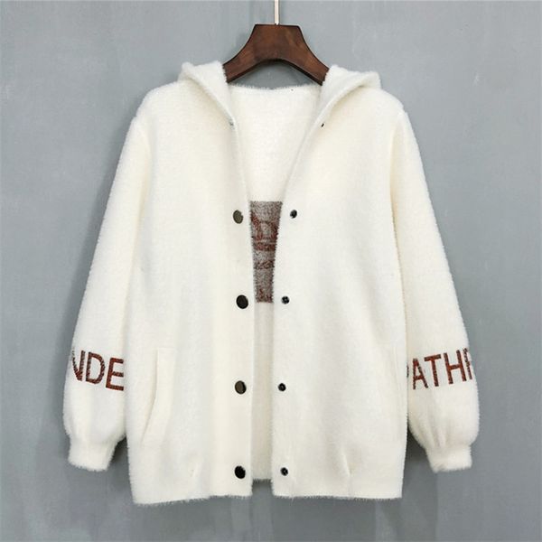

women's imitation mink velvet coat autumn and winter loose letter embroidery fur collar cardigan female hooded knitted m248 211215, White;black