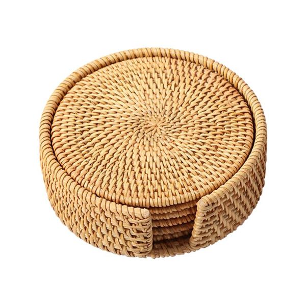

mats & pads 6pcs living room round shape woven heat insulation home with storage box placemats kitchen table decor coffee tea rattan