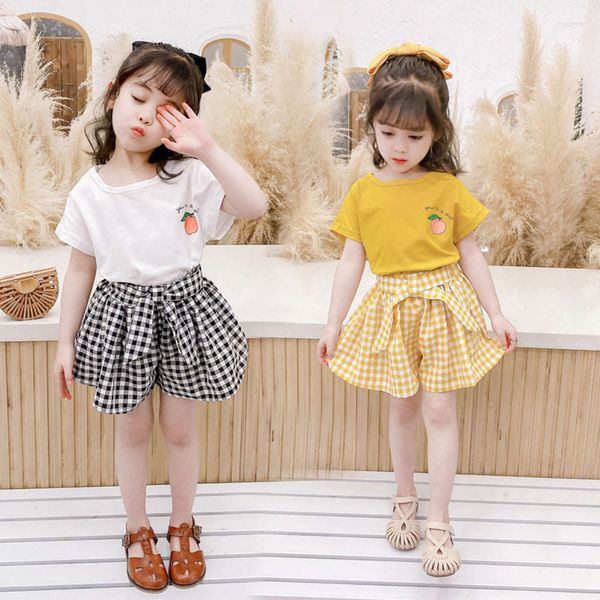 

suit girls' summer 2021 new korean children's t-shirt plaid shorts two piece set, White