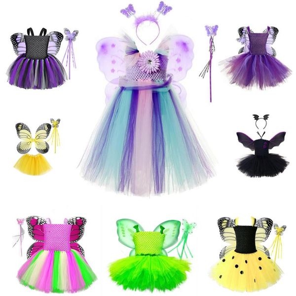 

girl's dresses 2021 infantil real girls tutu dress baby fluffy tulle with butterfly wing halloween kids party cosplay costume 2-10y, Red;yellow