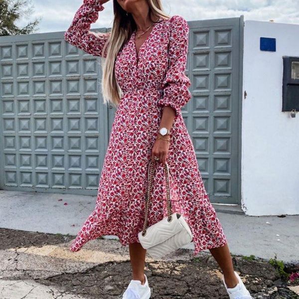 

women's swimwear boho style long-sleeved spring and summer long dress floral print v-neck retro elegant ruffle, White;black
