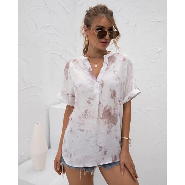

women's blouses & shirts women chiffon casual short sleeve v-neck tie dye print shirt 2021 fashion summer loose oversized lady, White