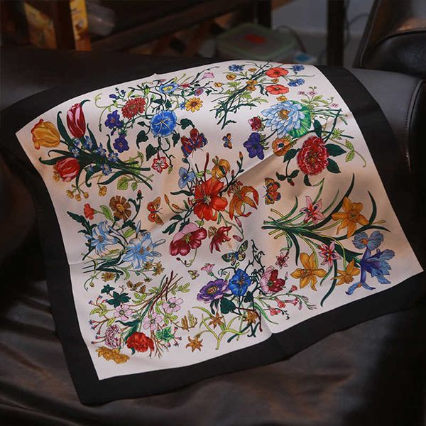 Lenços 100% lenço de seda feminino branco bandana floral impressão lenço borboleta lenços quadrados moda headband escritório lenço macio 55x55cm q0828