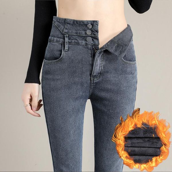 

women's jeans winter warm plus velvet women fleece skinny stretch pencil pants fashion 4 colors double buckle high waist denim trousers, Blue