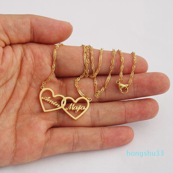 Два сердца пользовательские имена ожерелье для ума для усадьбы персонализированные ювелирные изделия дочь колье золотое серебро ожерелье Bijoux BFF подарок