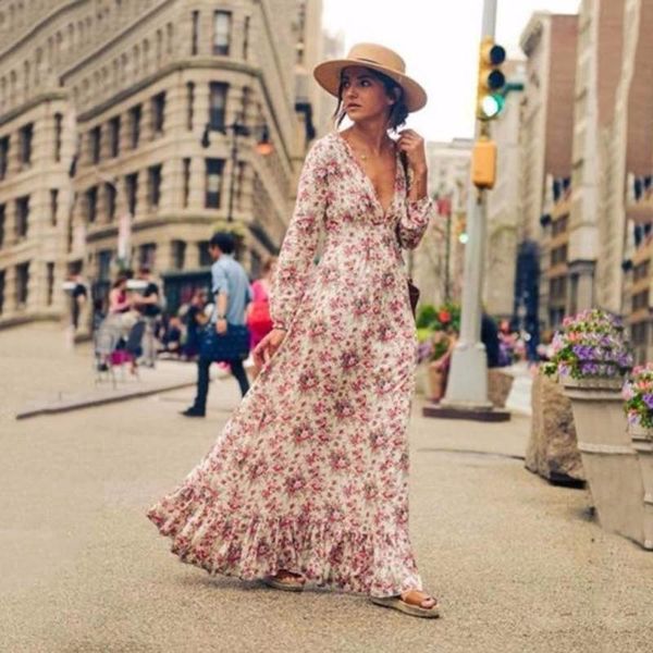 

retro vintage floral printed long dresses vestidos full sleeve v -neck high waist loose boho beach dress xxl, Black;gray