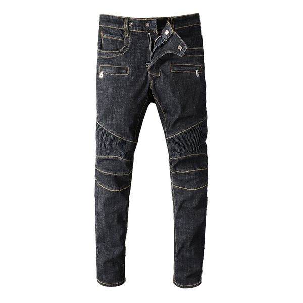 

2021 new men's male trousers european american street trend black jeans pleated locomotive youth stitching denim pants 1073 exl1, Blue