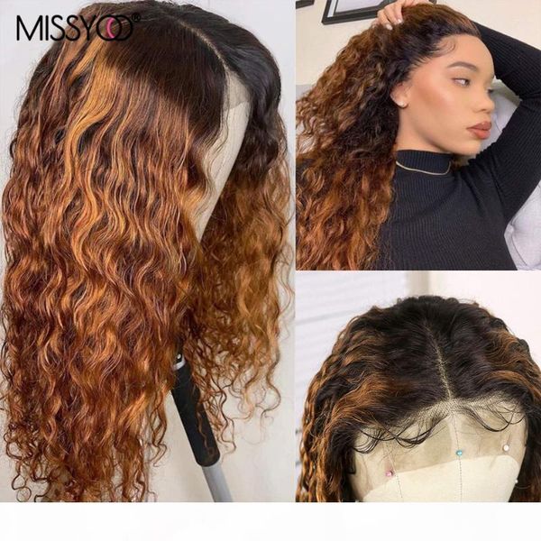 

brown ombre human hair wig 13x4 water wave lace front wig brazilian remy closure ombre water wave curly with baby hair, Black;brown