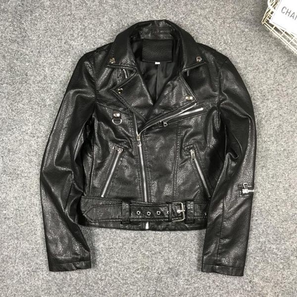 

women's jackets 2021 soft textured pu leather casual zip sleeve belt slim fit jacket 0306, Black;brown