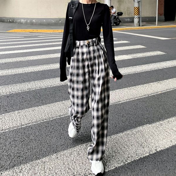 

korean style plaid pants women students jokers grid pants black and white checkered pants loose plaid trousers women, Black;white