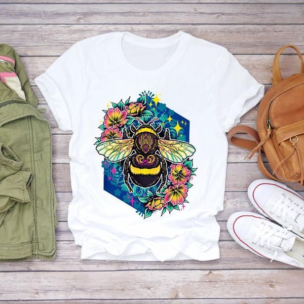 

bee watercolor flower women t shirts short sleeve fall print graphic female tee, White