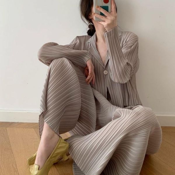 

women's two piece pants lady women trousers suit single button notched collar blouse pleated wide leg set causal loose suits korean sty, White