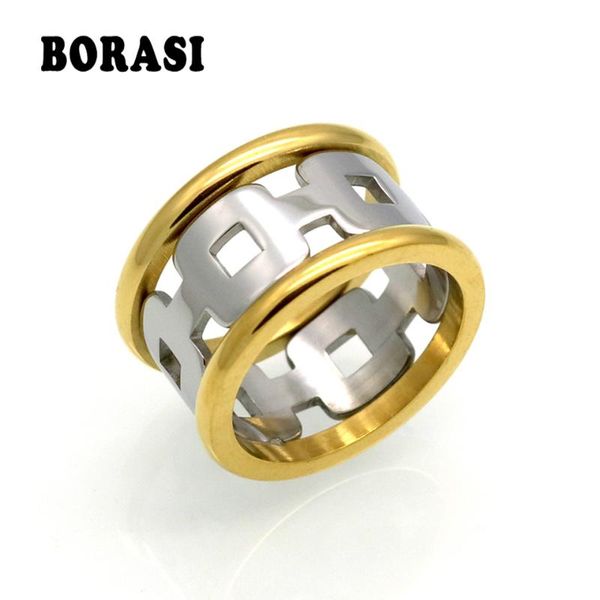 

cluster rings borasi 12mm wide brand design gold silver color chain ring for women men punk 316l stainless steel metal finger jewelry, Golden;silver